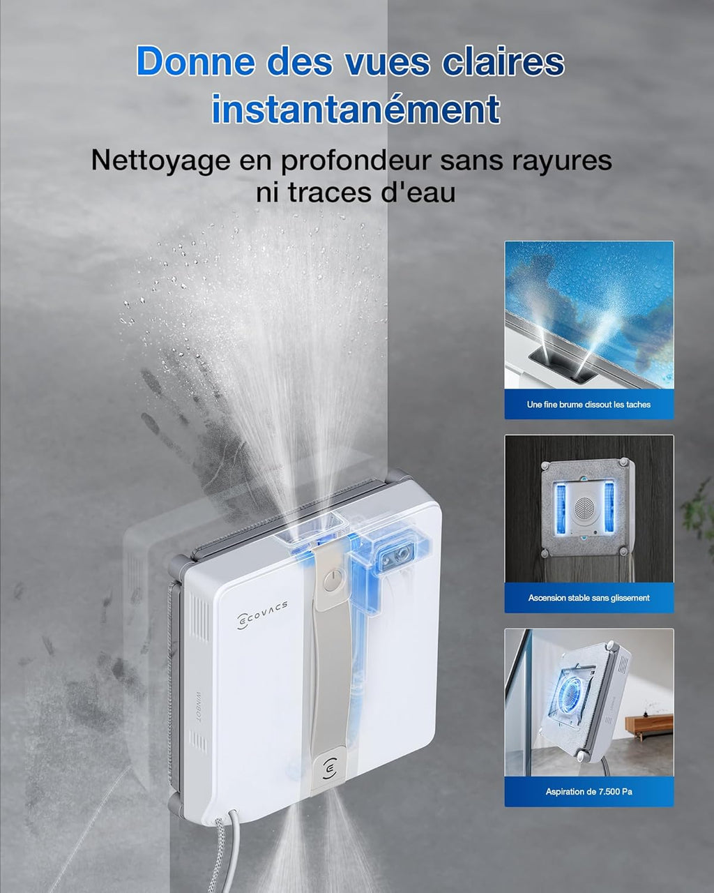 ECOVACS WINBOT Mini Robot de Nettoyage de vitres, Design Compact, Double Buses avec pulvérisation ultrasonique, système de Protection à 9 étapes, Planification Intelligente du Trajet, Blanc