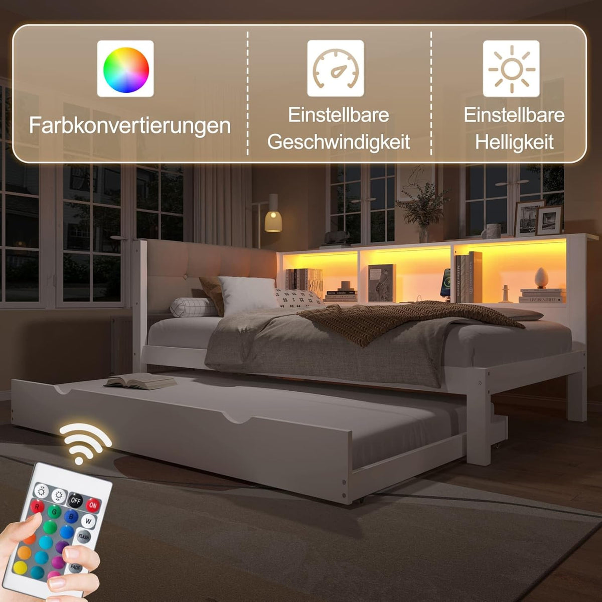 EURHCIO Canapé Lit 90x200,Cadre de Lit Une Place Rembourré avec Lit Gigogne 90x190,Port USB-C,Éclairage LED Réglable,Rangement,pour Adolescents Adultes 90x200