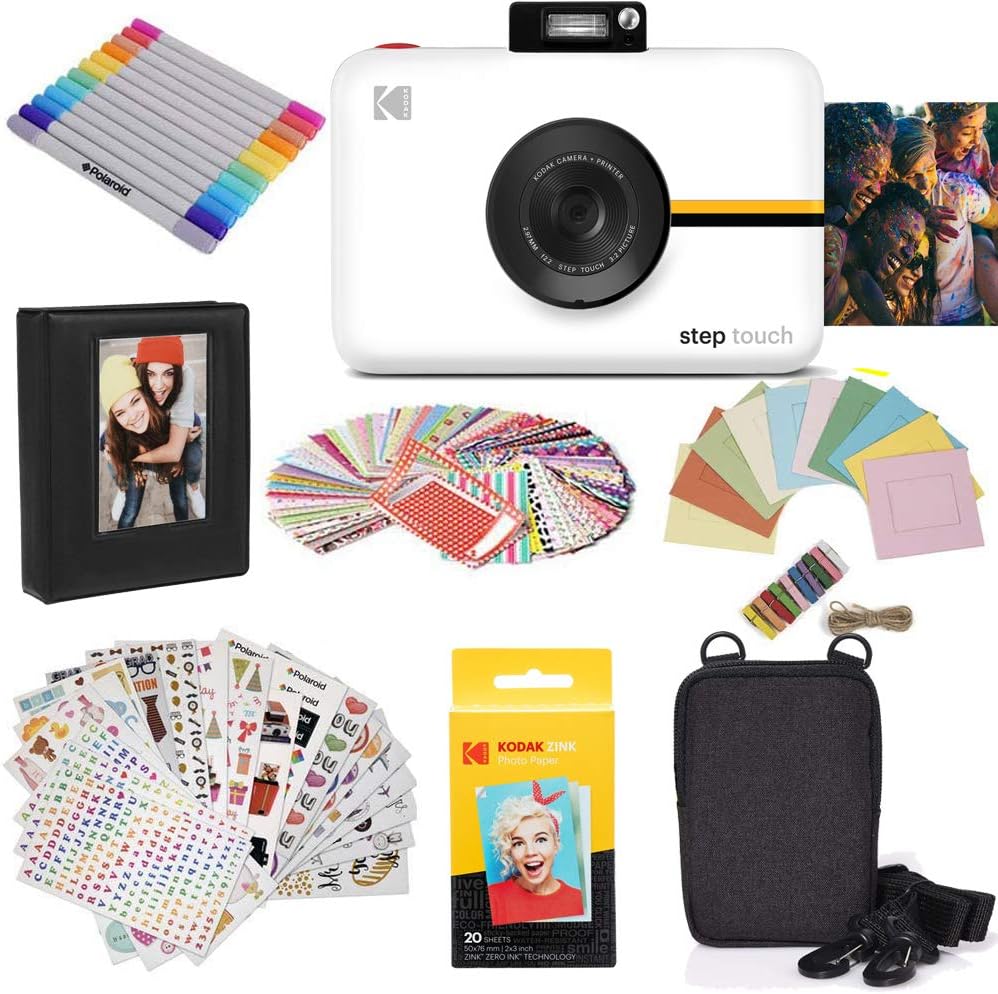 KODAK Step Touch Appareil Photo instantané avec écran Tactile LCD de 3,5 Pouces Blanc Bundle : étui, album, marqueurs, paquet de 20 papiers Zink, autocollants