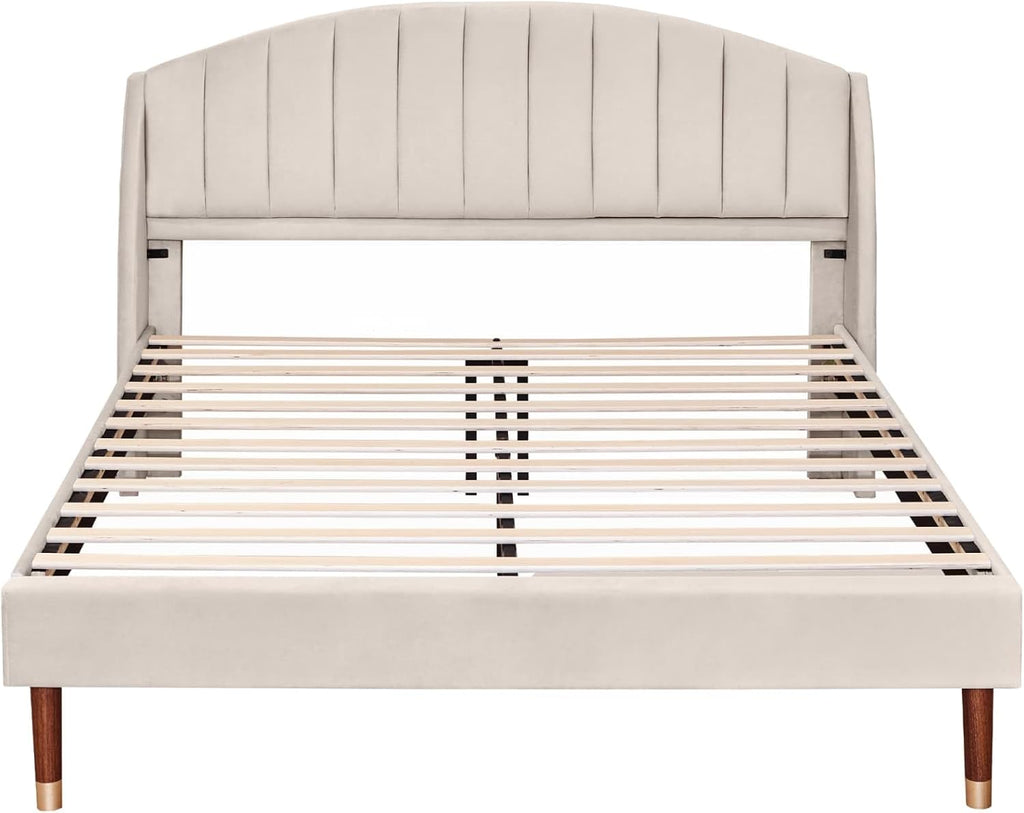 KOMHTOM Lit Double Rembourré en Velours avec Tête de lit, Lit Plateforme pour Adolescents et Adultes,Chambre à Coucher sans Matelas Beige, 160 x 200cm