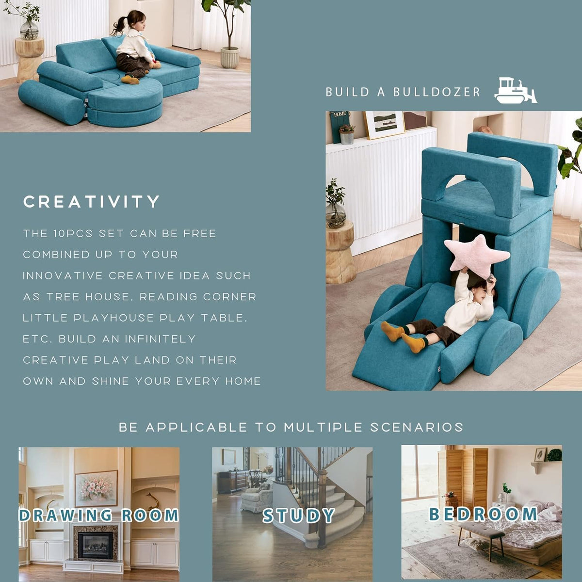 jela Canapé pour enfant, 14 pièces, modulable, en mousse, coin douillet dans la chambre d'enfant, pour jouer, être créatif, dormir, bleu sarcelle