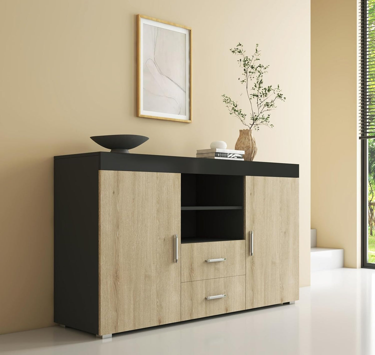MB Muebles Bonitos, Buffet Roque pour Salon et Salle à Manger Moderne, Meuble TV en Mélamine, Couleur Noir Brillant et Sonoma Mat, 140x80x40 cm