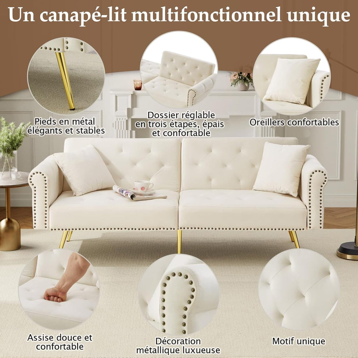 KOMHTOM Canapé-lit avec Dossier Réglable en 3 Positions, Canapé 2 Places élégant avec 2 Coussins et Fonction Sommeil, pour Salon, Chambres à Coucher (Beige)
