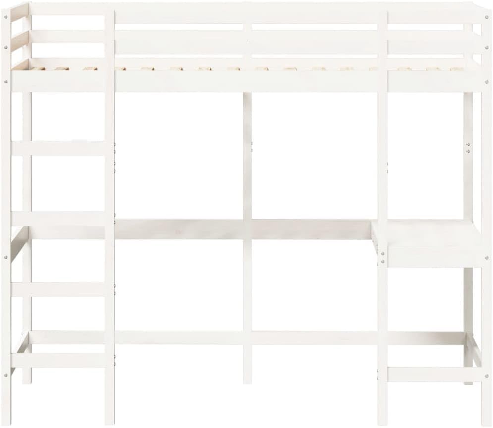 vidaXL Lit Superposé avec Bureau, Lit Mezzanine avec Sommier à Lattes pour Enfant, Meuble de Chambre, Moderne, Blanc 90x200 cm Bois de Pin Massif