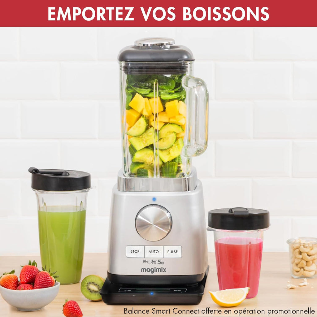 Magimix Blender Power Mixeur Professionnel 5XL Connect - Hachoir, Blender pour Smoothie, Mixeur Soupe, Hachoir Multifonction - Bol en verre - Chrome