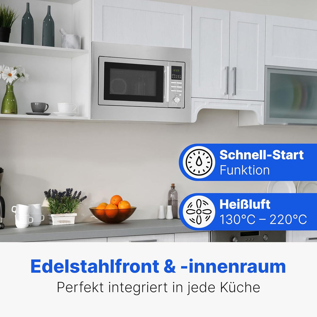 Bomann Micro-ondes encastrable 3en1 | gril et air chaud, | Microwave | 25 L | 10 programmes automatiques | grille et plateau tournant inclus (Ø 32 cm)| 900 watts | acier inoxydable | MWG 2216 H EB