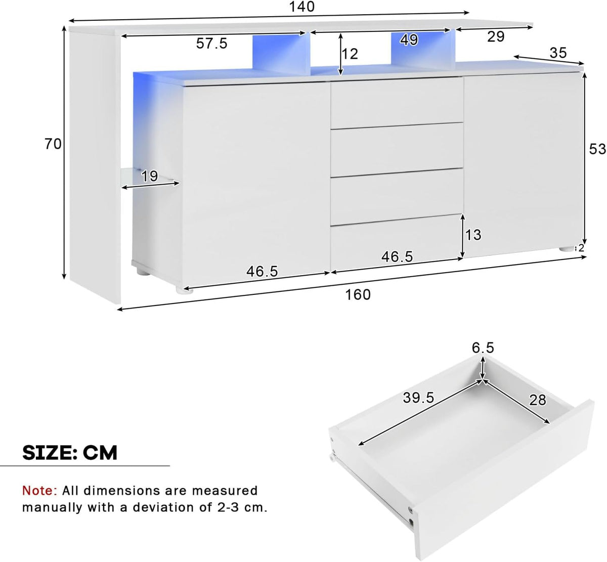 Entapuk Buffet LED, Meuble Polyvalent 2 Portes 4 Tiroirs, Vitrine Salle à Manger, Blanc Brillant