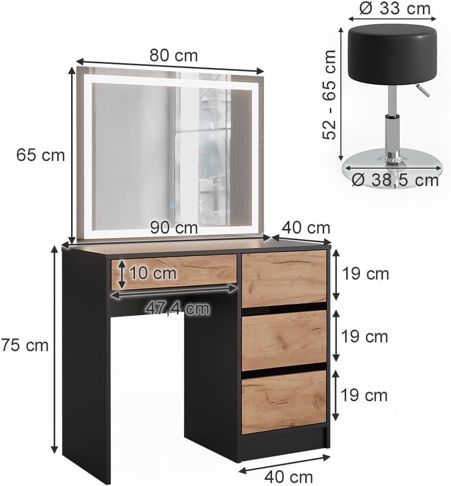 Vicco Coiffeuse Sherry, Anthracite, 90x75cm avec Miroir LED et Tabouret
