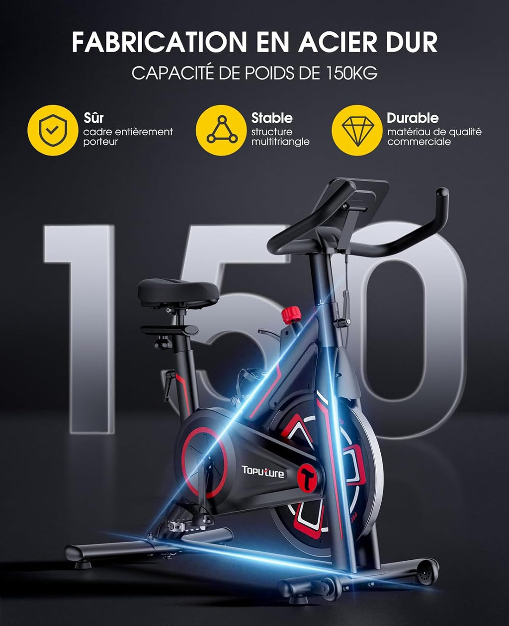 TOPUTURE Vélo D'appartement Connecté APP,Velo D appartement Résistance Magnétique 100 Niveau,Silencieux,LCD Ergomètre,Vélo Exercice Cardio Machine,Personnaliser Votre Sport Maison,Capacité 150KG