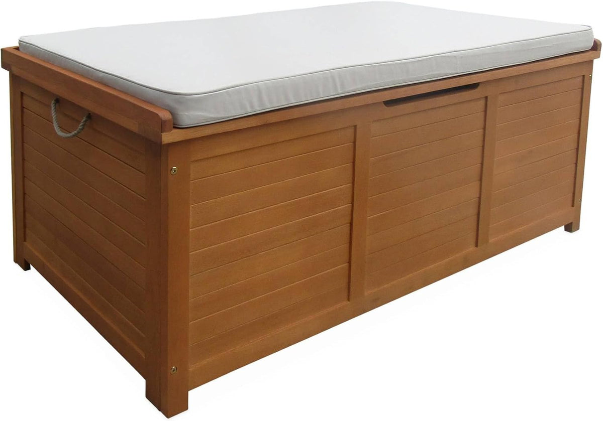 Alice's Garden - Coffre de jardin 200L en bois - Caja beige - 125x60cm rangement coussins avec 2 vérins et poignées