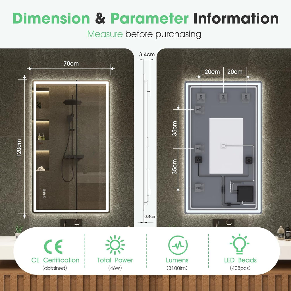 S'bagno Bluetooth-Miroir-Salle-de-Bain-avec-Eclairage-120x70cm, Miroir-LED-Salle-de-Bain Anti-buée, 3000K-6500K, Dimmable, Mémoire, Verre trempé HD, IP44-Miroir-Salle-de-Bain-Led, Horizontal/Vertical