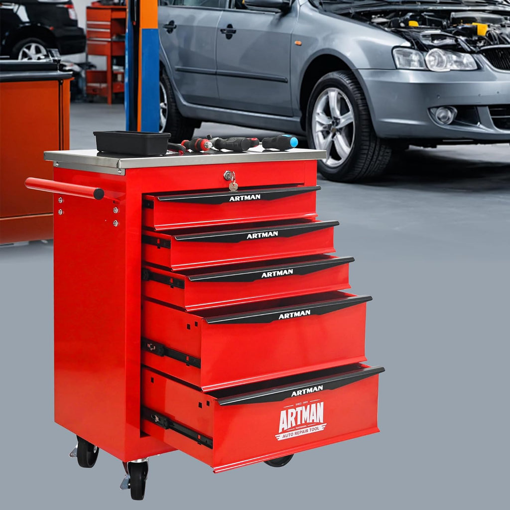 ELIHGTBY Servante d'Atelier Vide à 5 Tiroirs, Chariot d'Outils Robuste sur roulettes - Établi Mobile avec Verrouillage Centralisé, Armoire de Rangement pour Garage, Servante Atelier Rouge et Noir