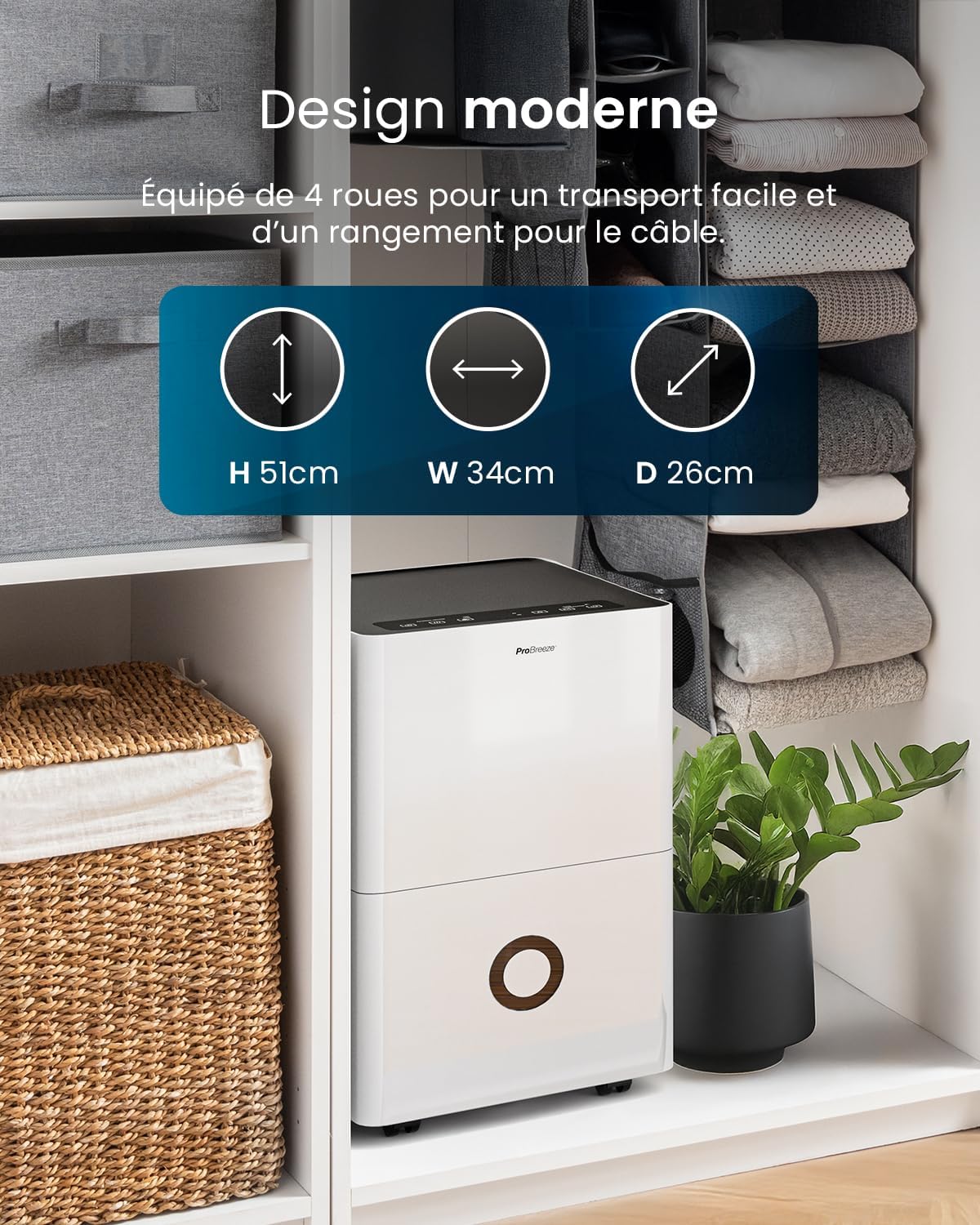 Pro Breeze Déshumidificateur Compresseur Connecté 30L/jour avec Application Smartphone, Wi-Fi, Drainage continu, Réservoir d'eau 4L et Minuterie 24h - Absorbeur de moisissures et d'humidité portable