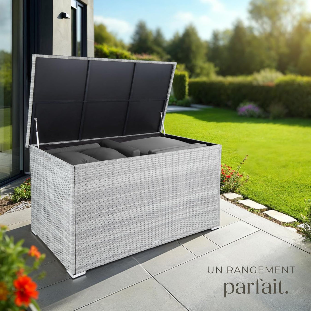 TecTake® Coffre de jardin Exterieur, Coffre à Coussins 750 L en Aluminium Polyrotin 145 x 82,5 x 79,5 cm, Couvercle Rabattable, Poignées pour Rangement des Outils de Jardin, Jouets