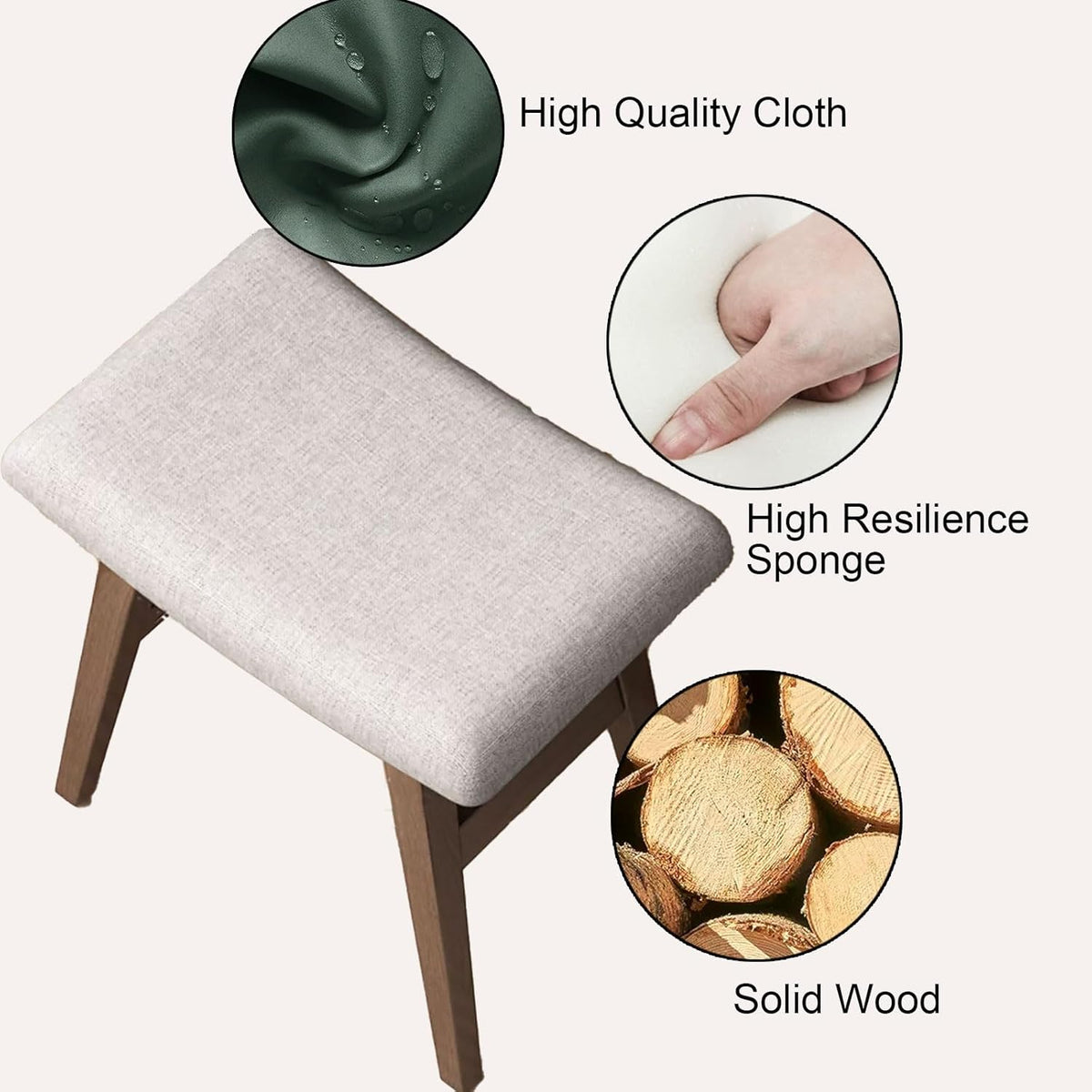 Tabouret de coiffeuse rembourré moderne et élégant avec pieds en bois, siège polyvalent pour femme, idéal pour coiffeuse et décoration d'intérieur