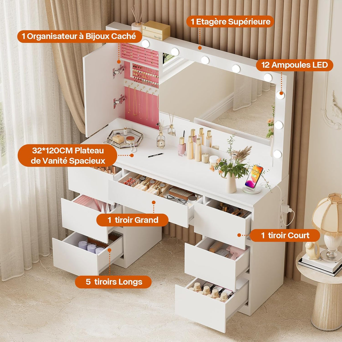 TRIUMPHKEY Coiffeuse avec Grande Miroir et Multiprise, 12 Ampoules LED Réglables, Table de Maquillage avec 7 Tiroirs, Rangement de Bijoux, 120x40x140cm Grande Commode Moderne Blanc