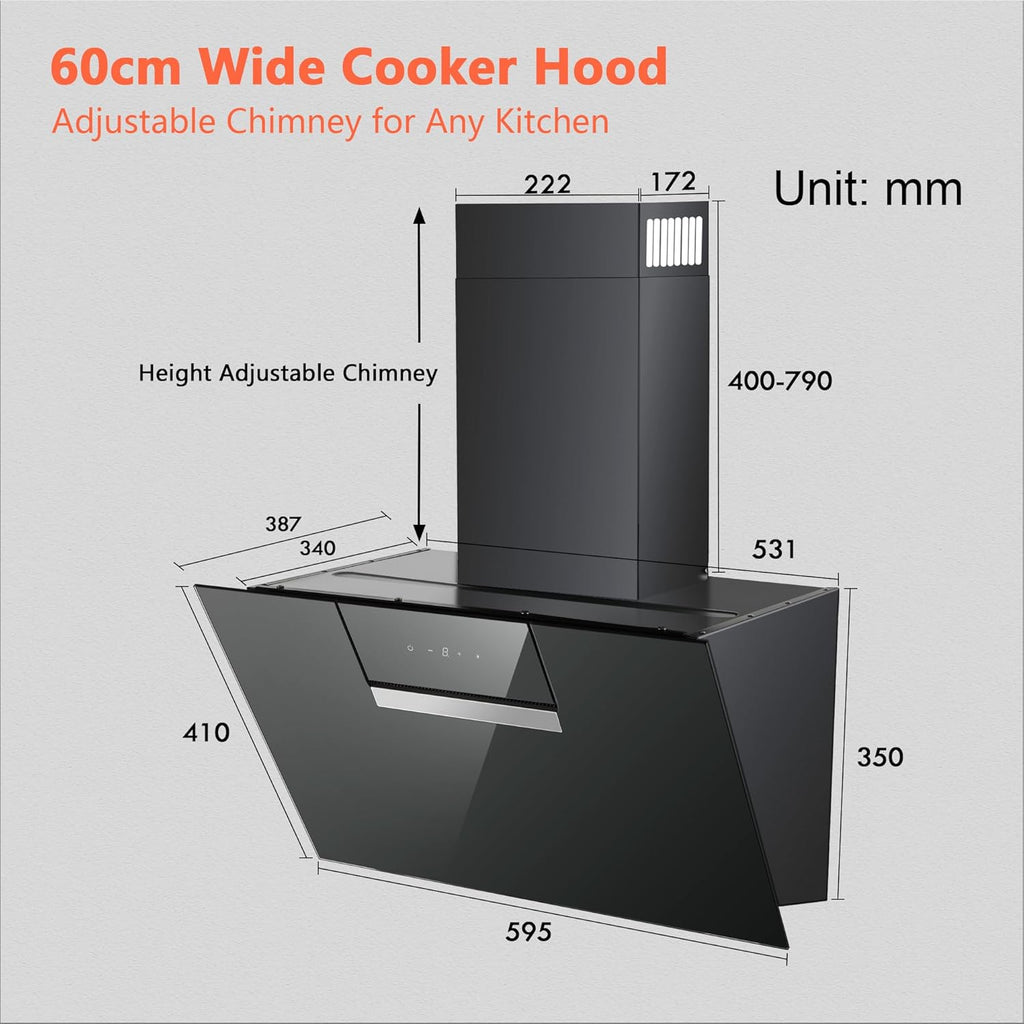 SNDOAS Hotte Aspirante 60cm, 800 m3/h Hotte Inclinée avec 2 Filtres à Charbon, Classe A+++, 4 Vitesses, Écran Tactile, Evacuation ou Recyclage, Éclairage LED, Noire