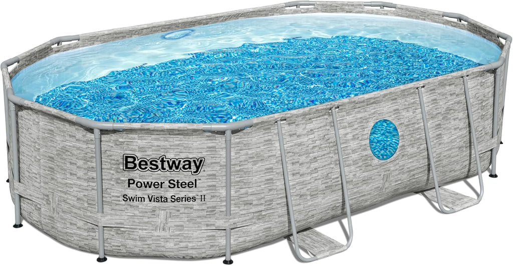Bestway Power Steel Swim Vista Series Pool Kit Complet Ovale avec Filtre à Sable, échelle de sécurité et bâche 488 x 305 x 107 cm