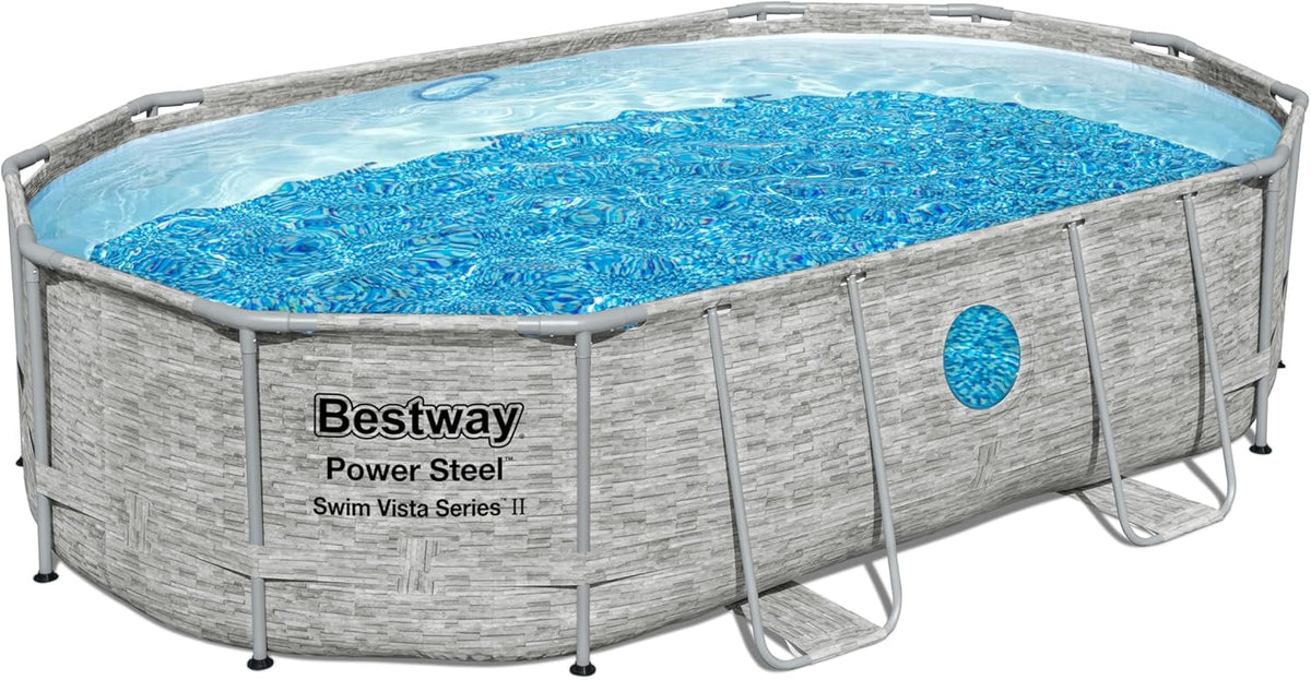 Bestway Power Steel Swim Vista Series Pool Kit Complet Ovale avec Filtre à Sable, échelle de sécurité et bâche 488 x 305 x 107 cm
