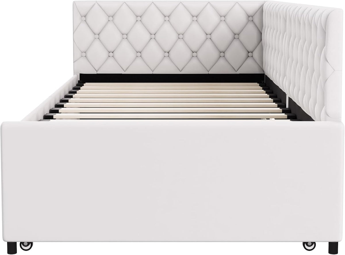 JYCRA Lit gigogne 90/180x200 cm,canapé lit 90x200 cm,Extensible,avec sommier à Lattes en Bois,Dossier Confortable avec Finition en Losange,Tissu en Velours Beige