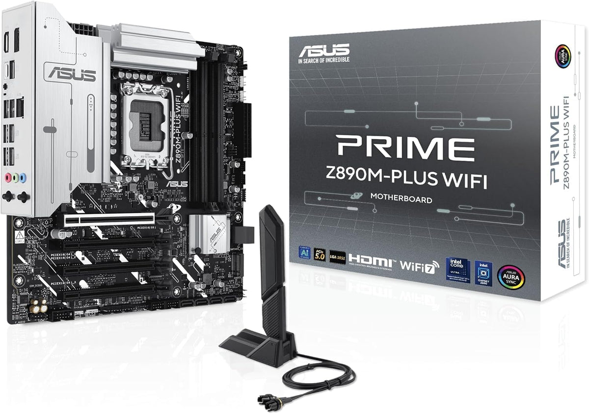 Prime Z890M-PLUS WiFi – Carte mère GamingmATX (DDR5, 10+1+2+1 80A DrMOS,PCIe 5.0, USB 20Gbps Type-C, 3 x M.2, Wi-FI 7, Q-Antenna, Aura Sync RGB)