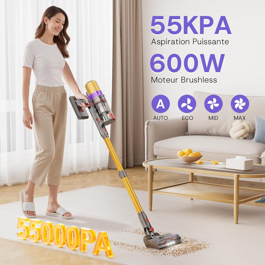 V16 Aspirateur Balai sans Fil 55Kpa/600W/80Mins, Aspirateur sans Fil Puissant, Écrans Tactiles LED, Mode Automatique, Brosse Anti-Emmêlement pour Tapis, Sols Durs et Poils d'animaux