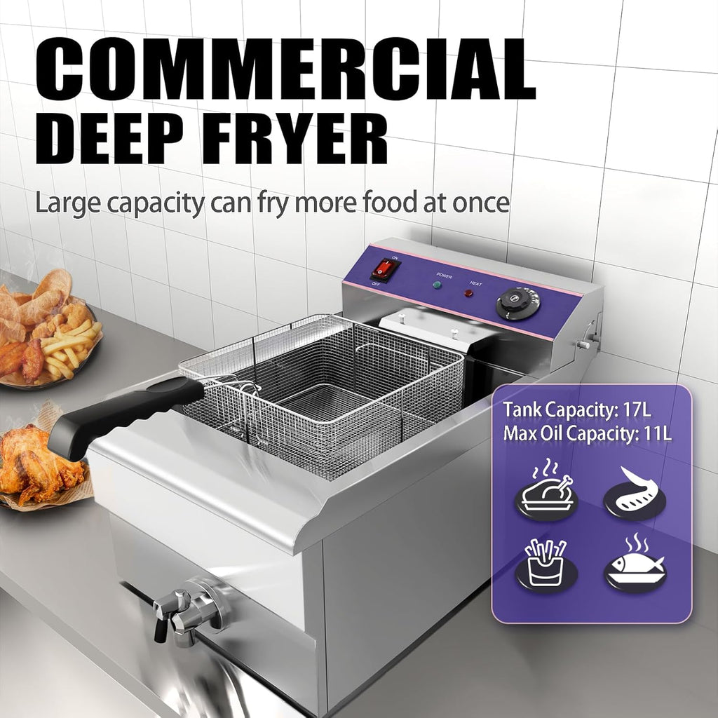 MOOTACO Friteuse électrique Inox 16L Professionnelle Commerciale,3000W Acier Inoxydable Friteuse avec robinet