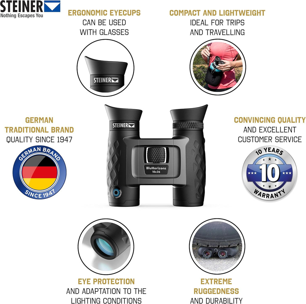 STEINER Jumelles BluHorizons 10x26 - Optique de qualité Allemande, réduit Les Reflets ou l'éblouissement de l'eau, du Sable ou de la Neige, compacte et légère
