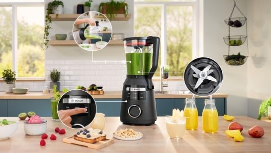 Bosch, VitaPower Série 6, blender haute performance, moteur 1800 watts, vitesse du moteur jusqu'à 45 000 tr/min, 6 programmes automatiques, bol résistant en tritan, noir, MMB6652B