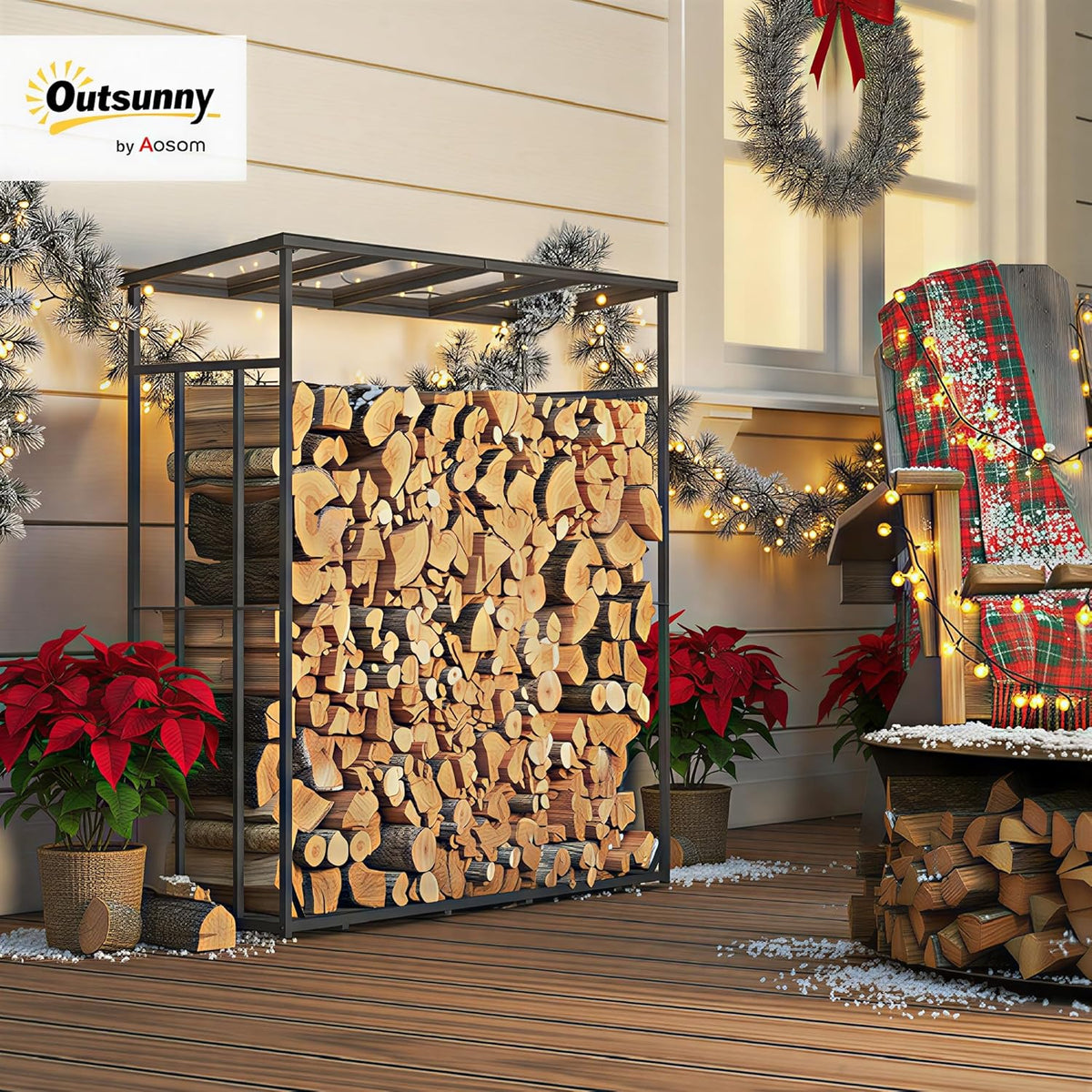 Outsunny Abri-bûches, range-bûche, charge maximale 2000 kg, avec housse de protection imperméable et toit en polycarbonate, abri bois de chauffage, 185 x 62 x 184 cm, cadre en métal, noir