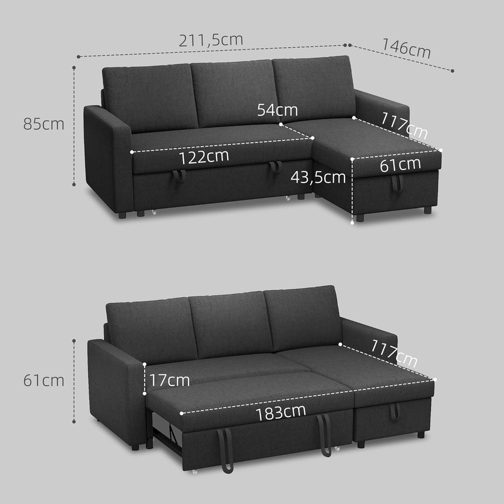 HOMCOM Canapé d'angle Convertible canapé lit canapé 3 Places modulable avec méridienne réversible, Coffre de Rangement intégré et 3 Coussins de Dossier, Tissu Aspect Lin, Noir