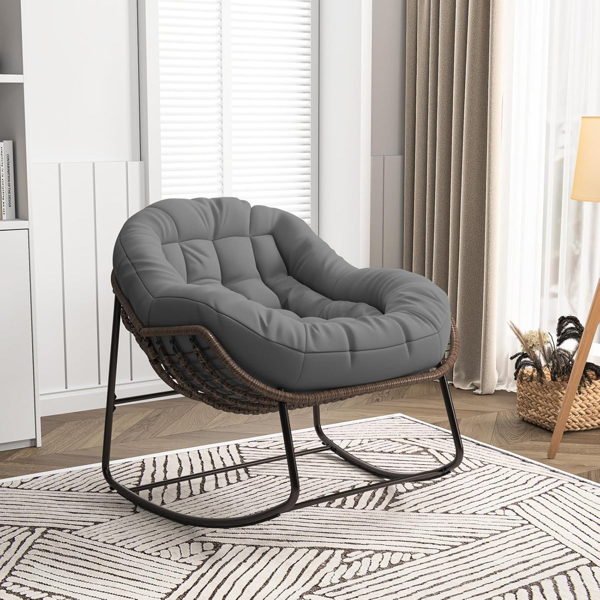 belupai Fauteuil à bascule en forme d'œuf en osier, jardin à bascule en rotin avec rembourré, chaise d'allaitement, cadre en métal, pour extérieur et intérieur, jusqu'à 113 kg pessimiste
