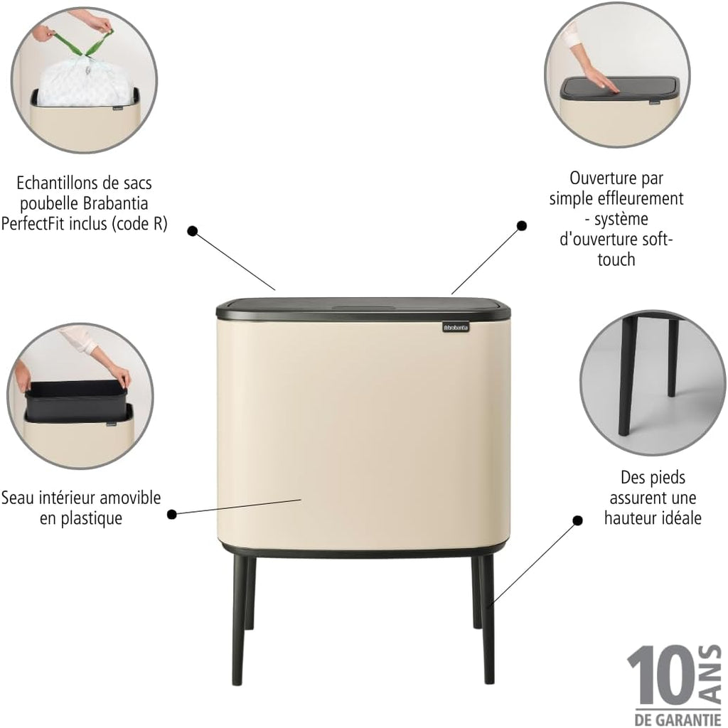 Brabantia - Bo Touch Bin 36L - Grande Poubelle pour la Cuisine - Ouverture Soft-Touch - Seau Intérieur Amovible - Antidérapant - Recyclage Facile - ses Sacs Inclus - Soft Beige - 54 x 31 x 68 cm
