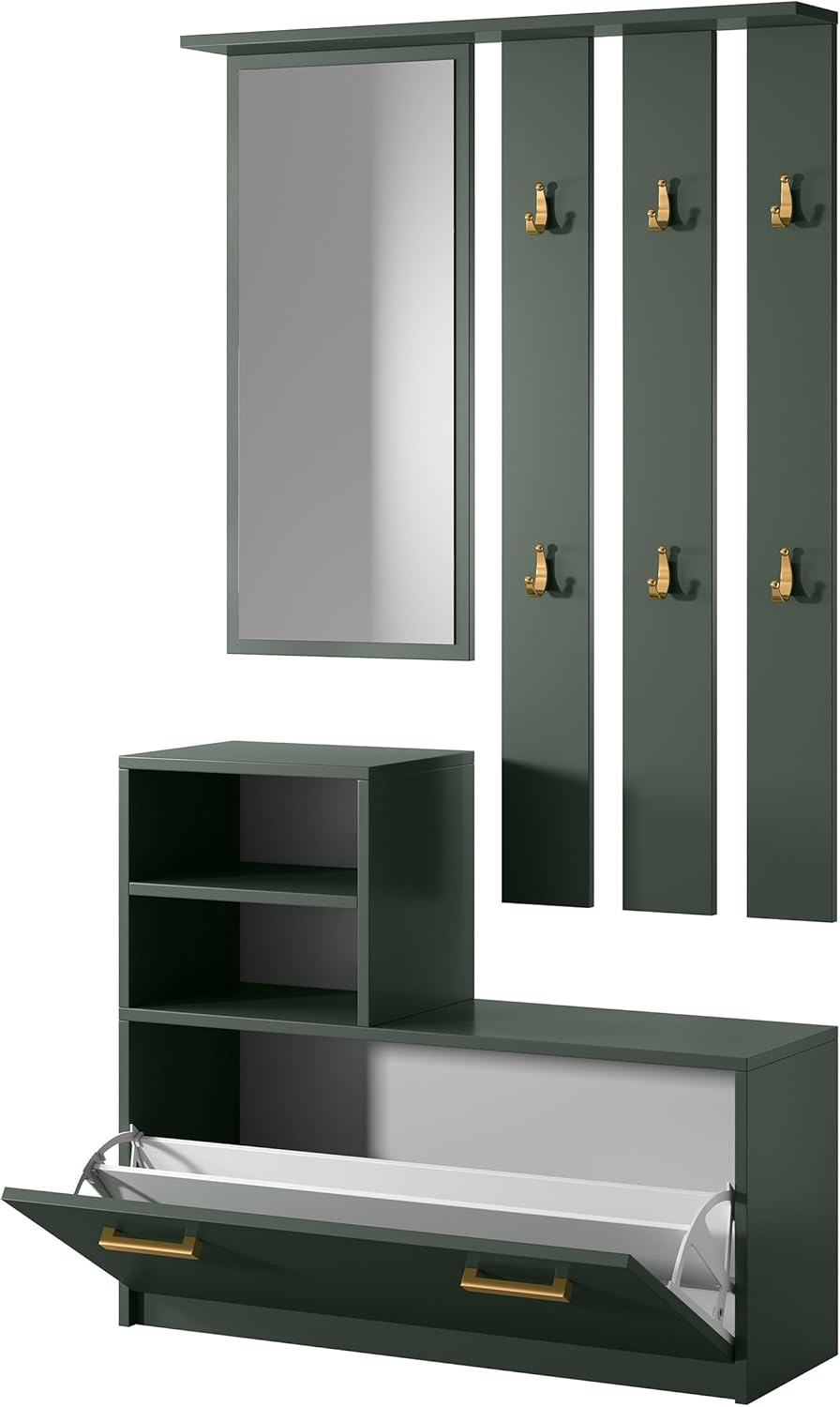 Meuble d'entrée/Vestiaire YESFIR - 85 cm - Vert Bouteille - Meuble à Chaussures - portemanteau - Miroir