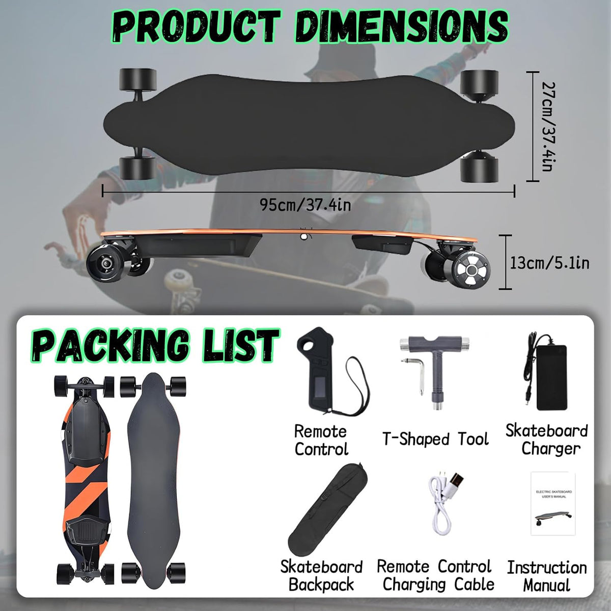 PxkVrin Skateboard électrique Tout Terrain avec télécommande, capacité de Charge de 150 kg, pour Une Utilisation sur Campus et en Ville. Orange