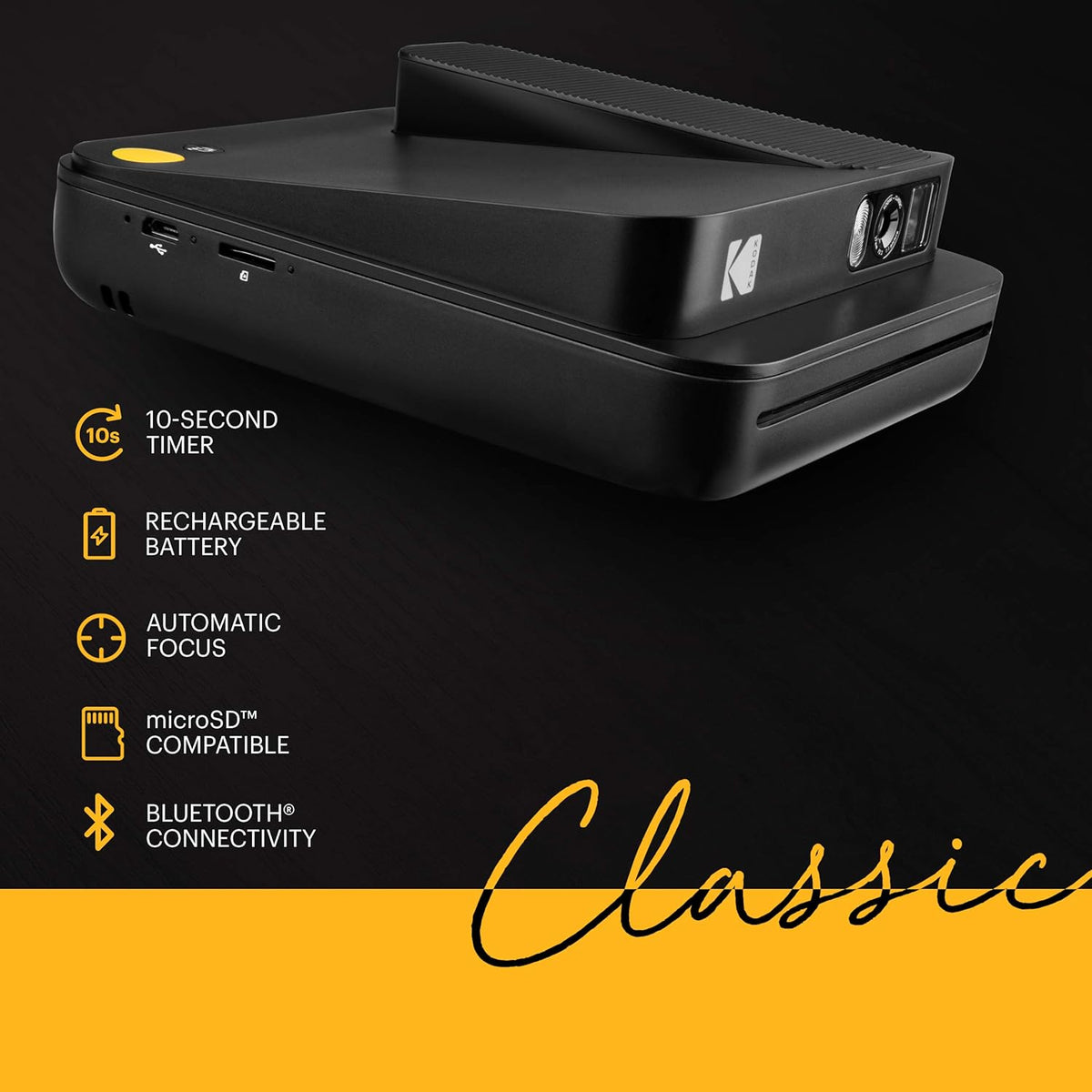 KODAK SMILE Classic, appareil photo numérique avec Bluetooth Noir images de 16 mp, 35 impressions par charge - Comprend : papier photo ZINK de 3,5 x 4,25 pouces, Cadres autocollants