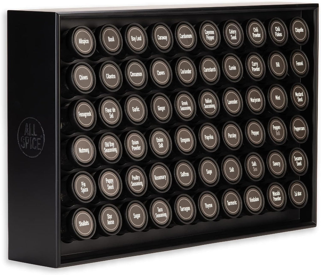 AllSpice étagère à épices en bois noir mat, comprend 60 pots en verre, étiquettes et accessoires