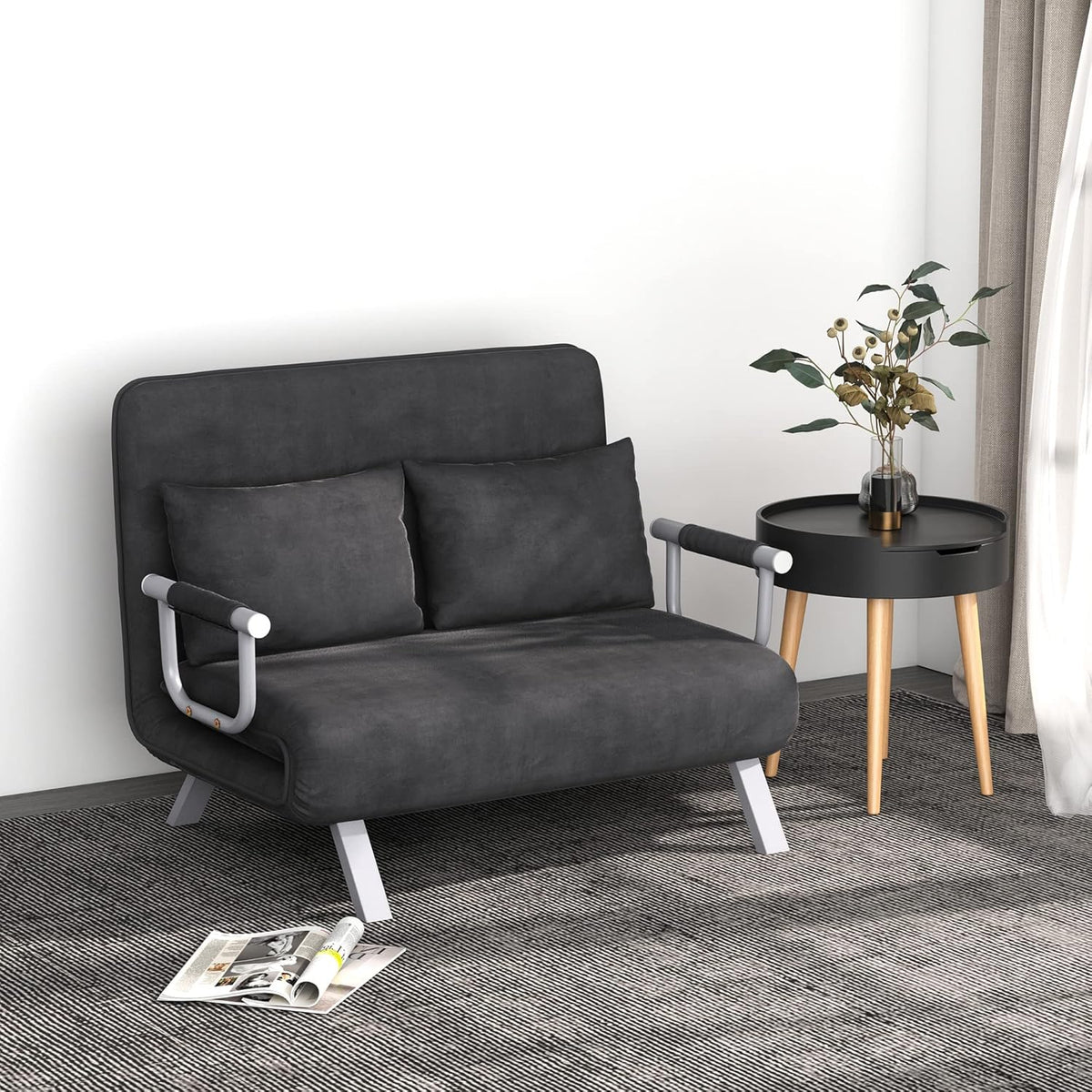 HOMCOM Canapé-lit 2 Places, Fauteuil Convertible avec Dossier réglable en 5 Positions, Chaise Longue avec 2 Coussins Inclus, canapé en revêtement Aspect suède déhoussable, 111x80x78cm, Gris foncé