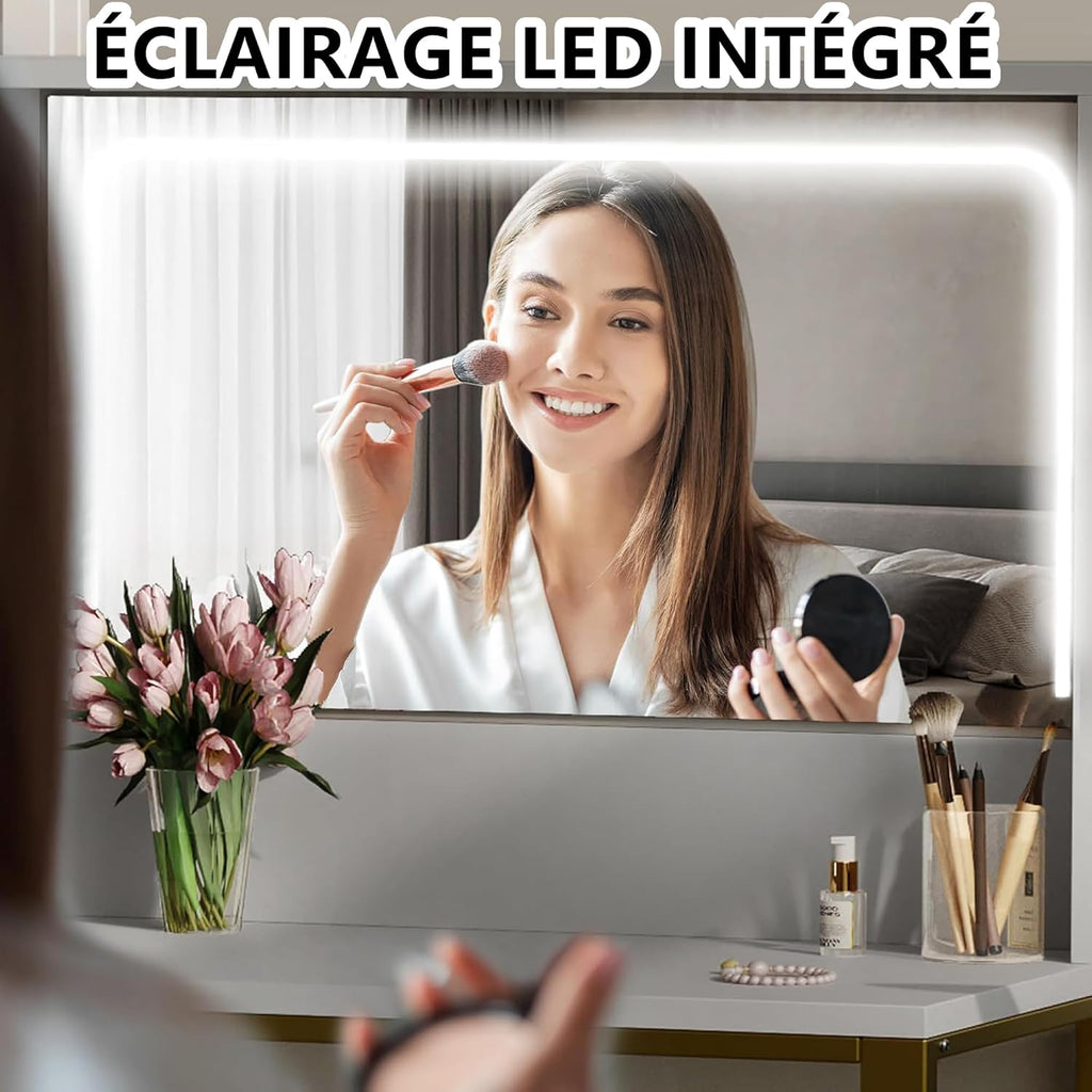 Coiffeuse avec Miroir Réglable LED et Tabouret, Coiffeuse d'angle en L, Commode Moderne avec 5 tiroirs et 2 étageres enacrylique, pour Chambre à Coucher, Salon, Blanc