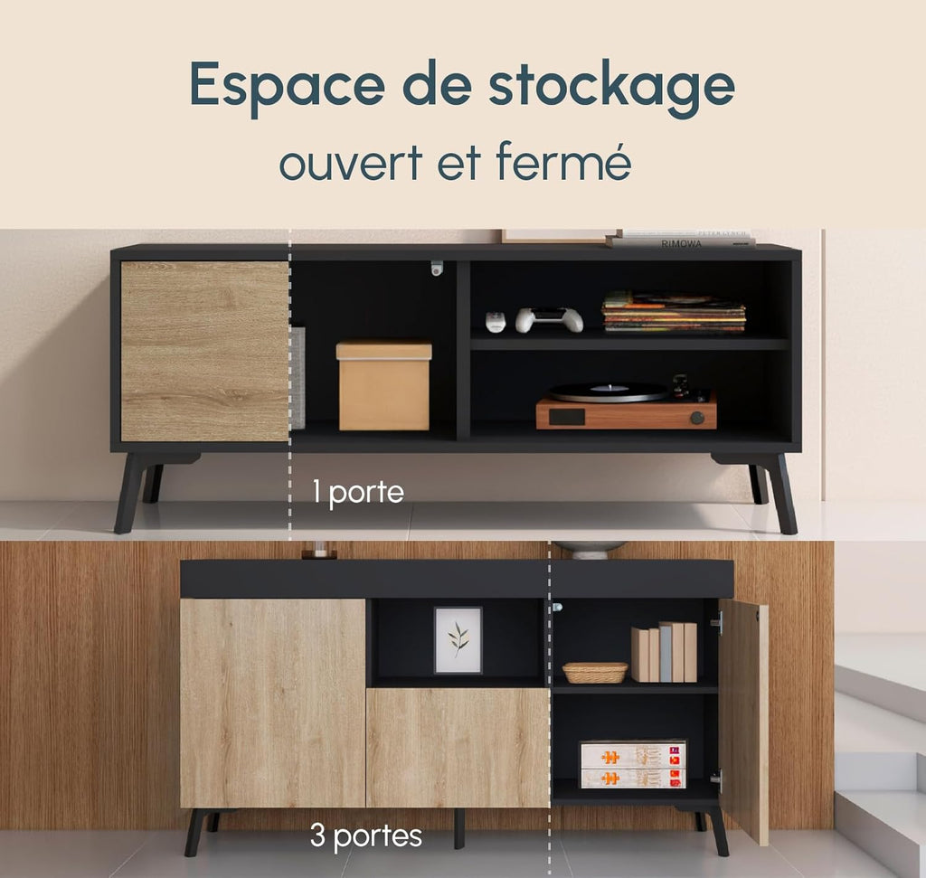 MB Muebles Bonitos, Ensemble de Meubles de Salon Kai avec Buffet et Meuble TV, Design Moderne, Mélamine Mate, Couleur Noir et Sonoma