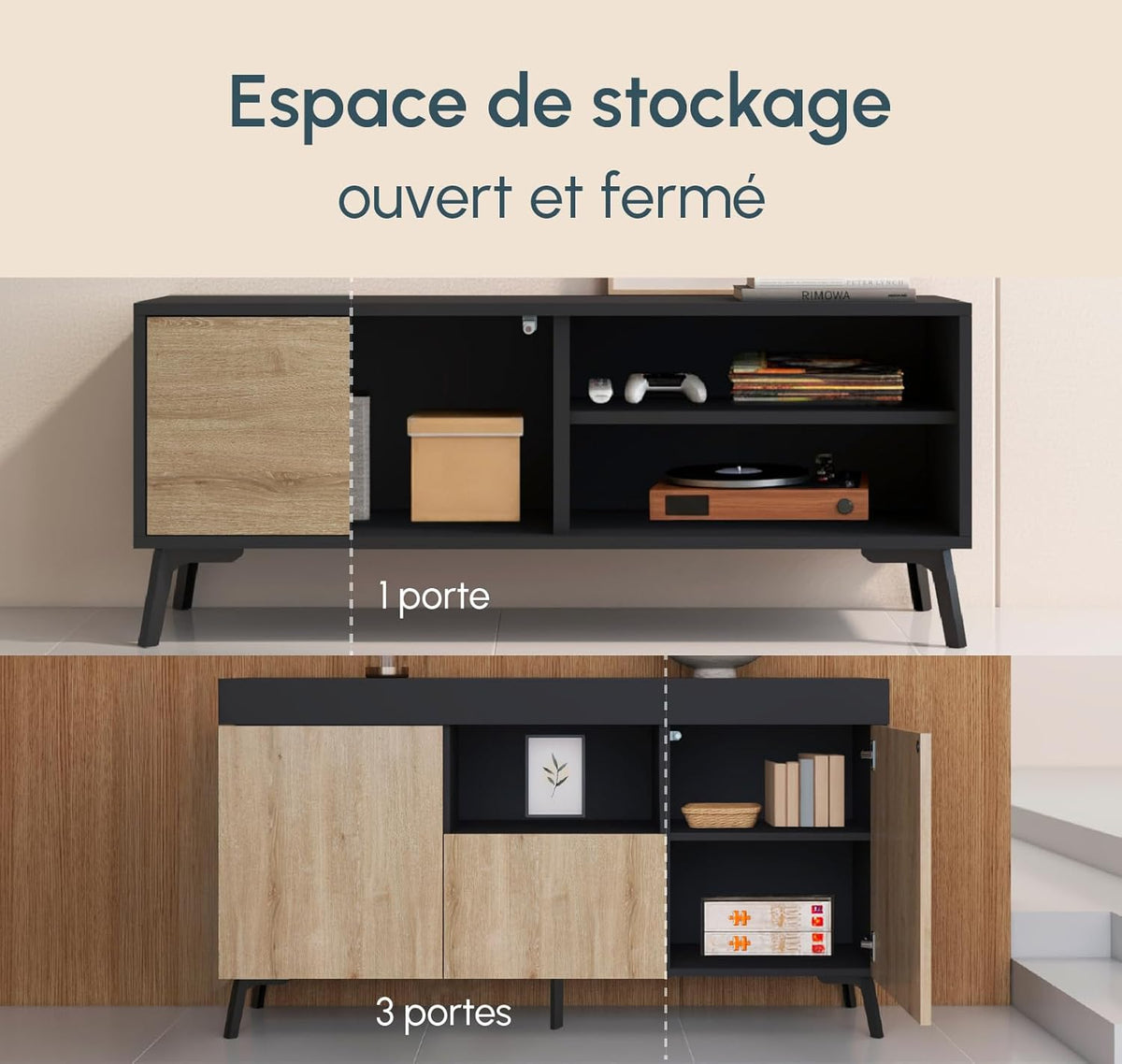 MB Muebles Bonitos, Ensemble de Meubles de Salon Kai avec Buffet et Meuble TV, Design Moderne, Mélamine Mate, Couleur Noir et Sonoma