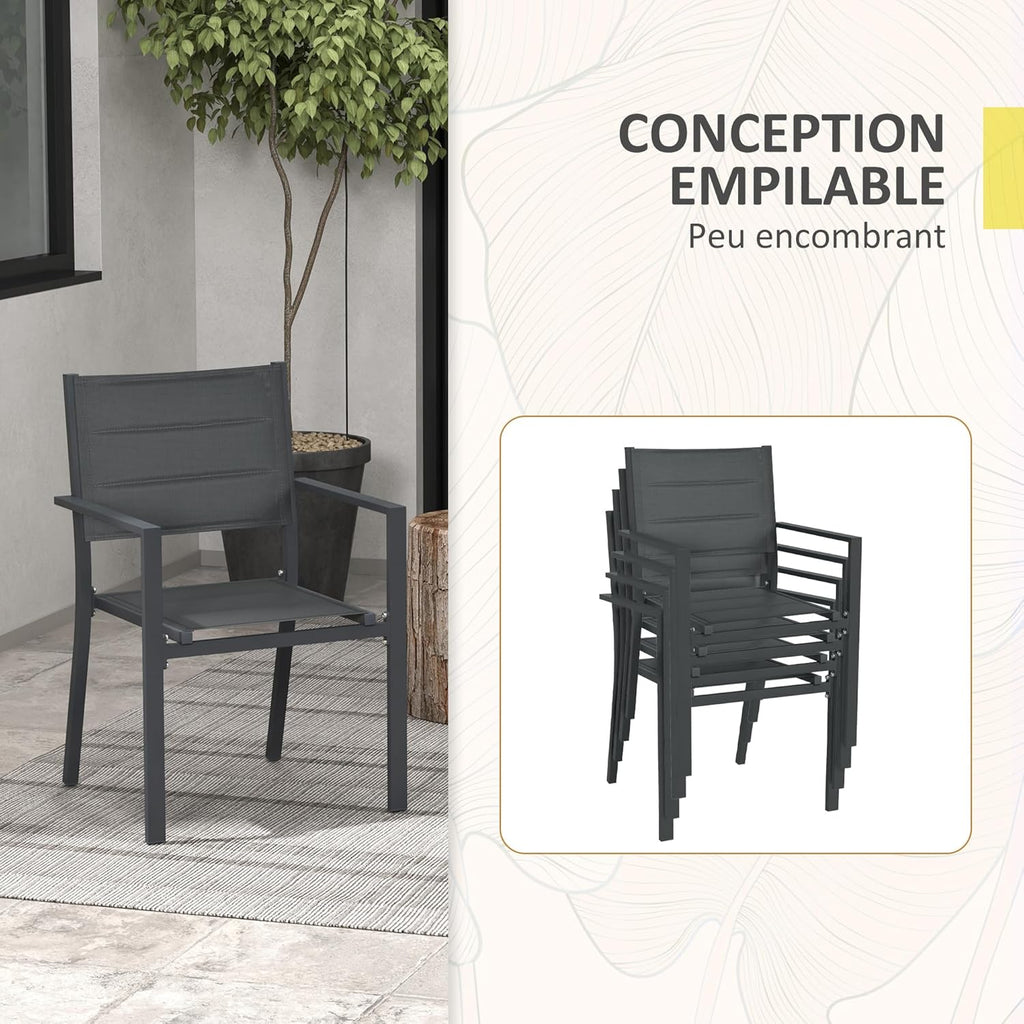 Outsunny Ensemble de 4 chaises de Jardin empilables en Aluminium et textilène avec accoudoirs, Lot de 4 pièces pour extérieur, Gris