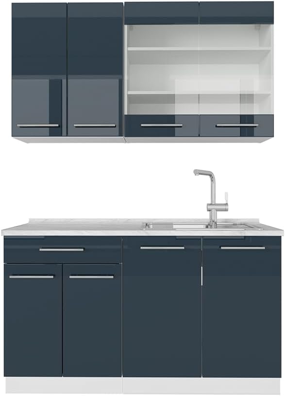 Vicco Cuisine Fame-Line, Bleu foncé Brillant/Blanc, 140 cm, PT Marbre