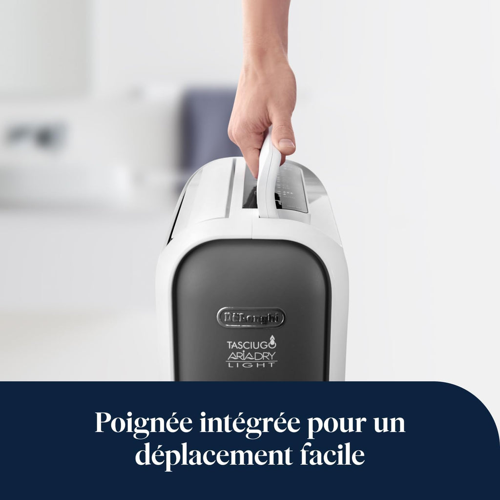 De’Longhi Tasciugo AriaDry Light - Déshumidificateur Portable pour la Maison, Zéolite et Ioniseur, Élimination Humidité 6L/24h, Séchage, Anti-Moisissure, Silencieux, Mode Swing, Minuteur, Gris (DNS65)