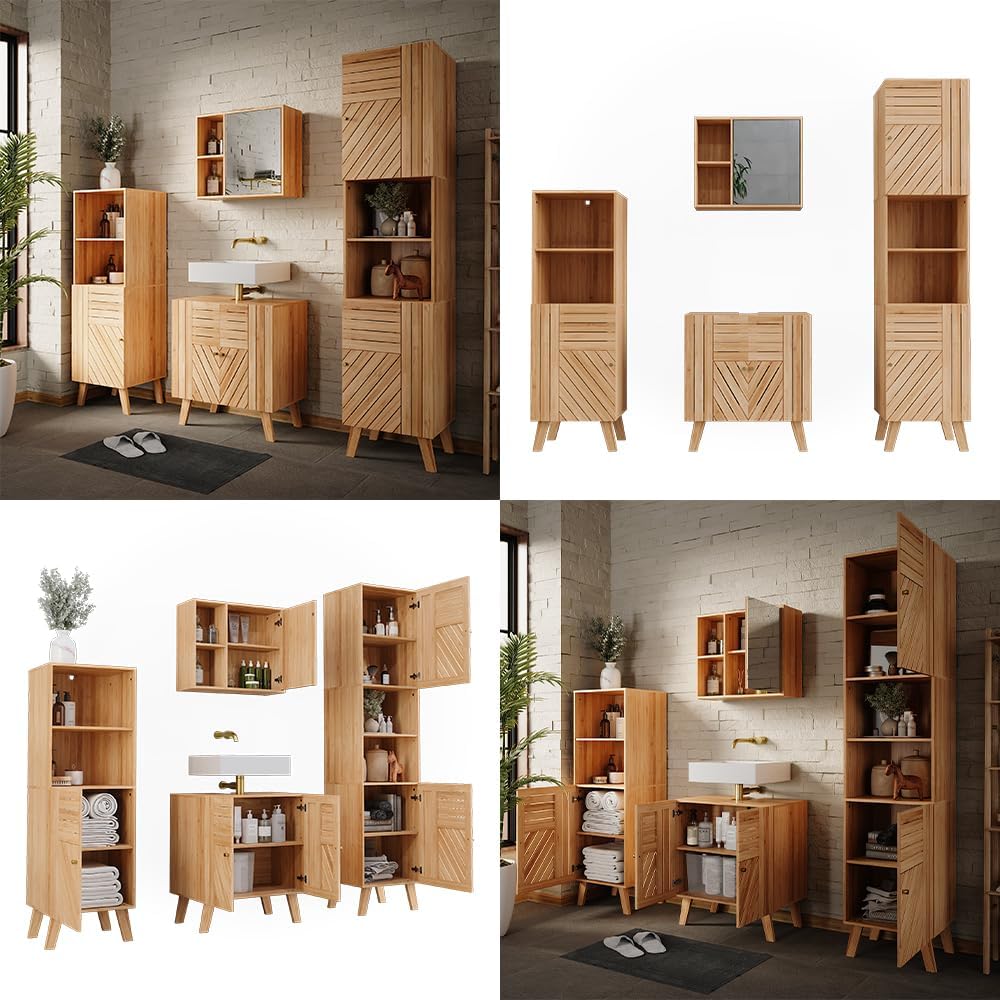Vicco Ensemble de Meubles de Salle de Bains Lucie, Bambou, 4 pièces, avec Armoire de Milieu et Armoire Haute