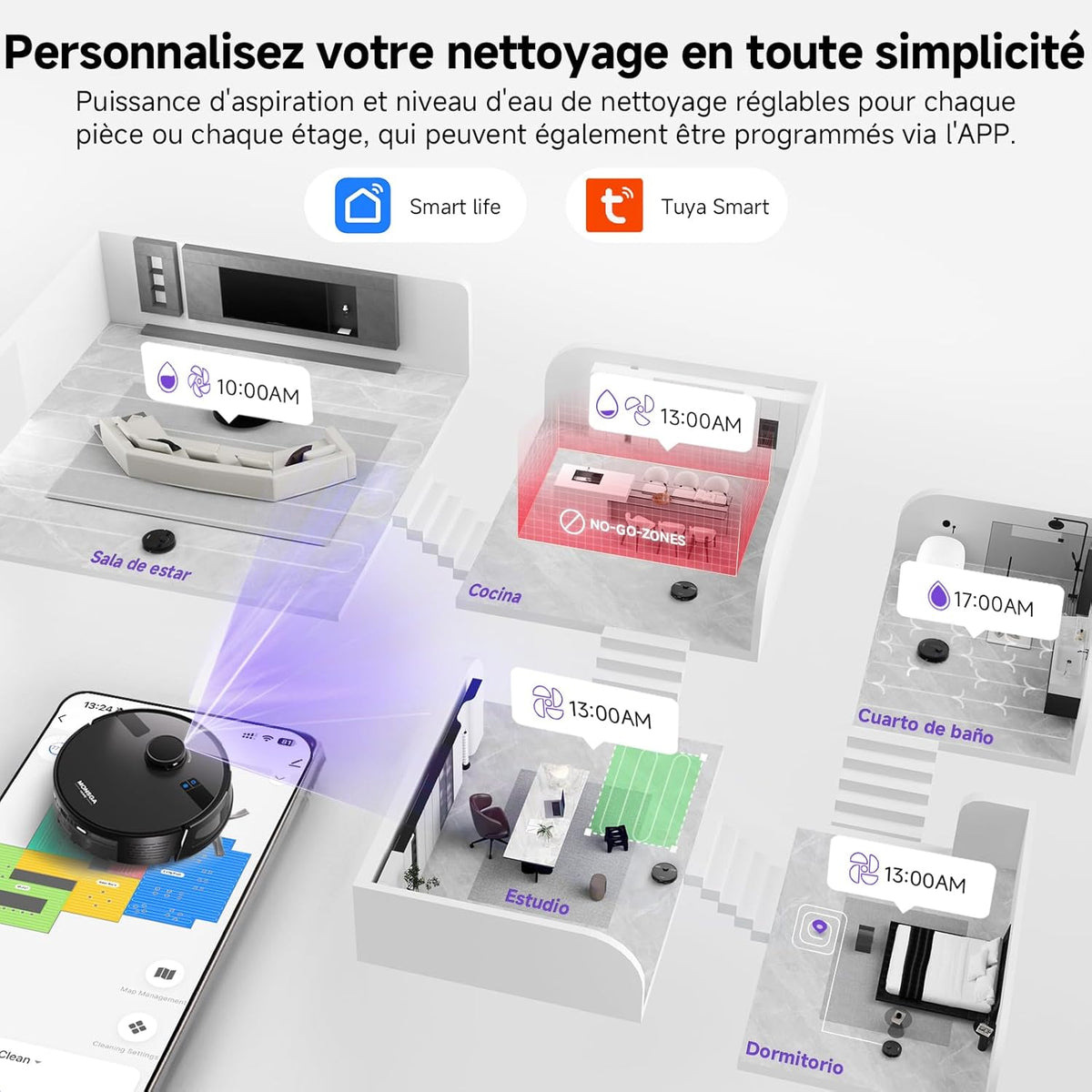 MONSGA Aspirateur Robot Laveur 5000Pa Aspiration avec Station & 3.5L Collecteur de Poussière, 180min, Navigation LiDAR & Cartographie, Idéal pour Tapis Poils d'animaux, App