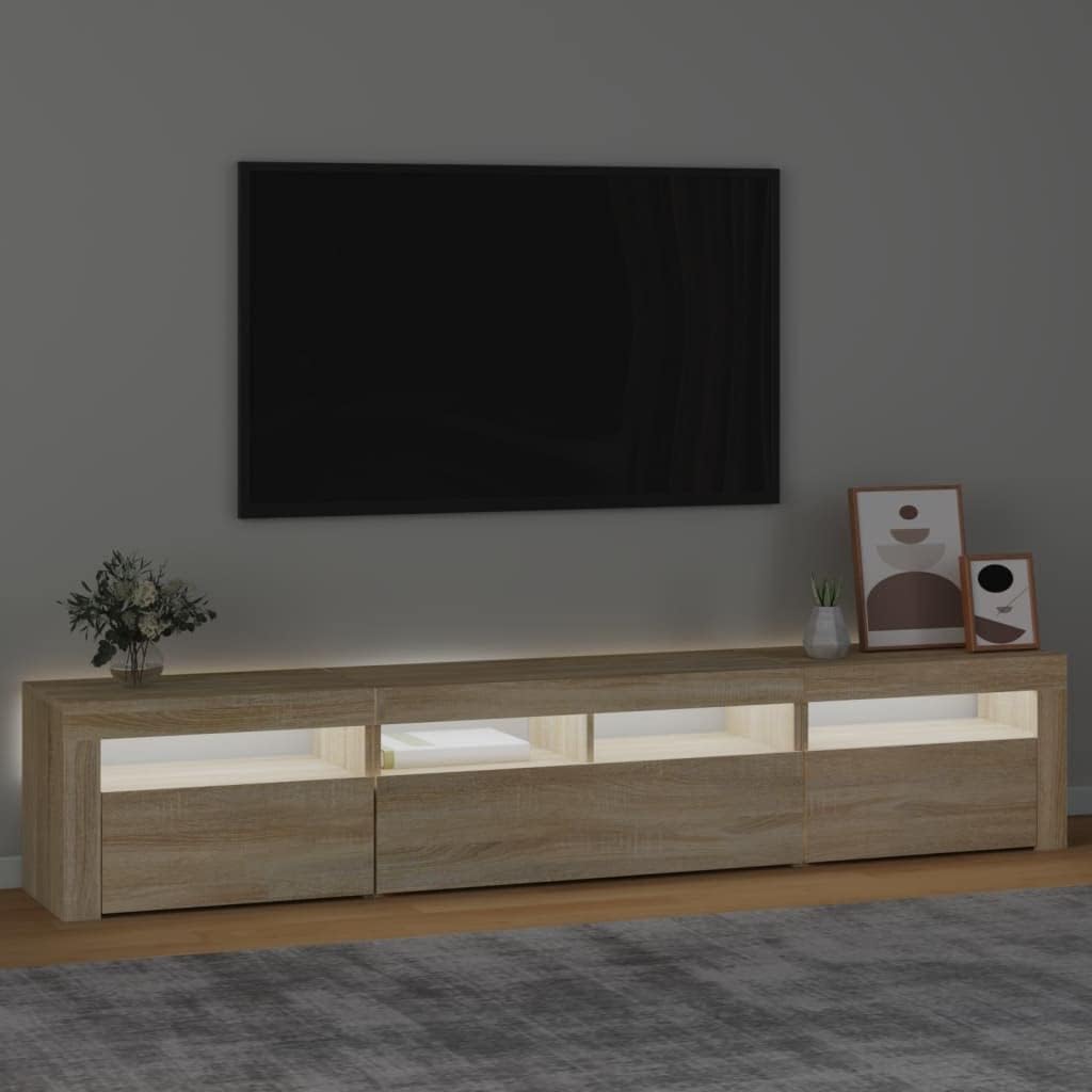 Mandloder Meuble TV avec lumières LED, chêne Sonoma, 220 cm de large, meuble multimédia pour salon, centre de divertissement avec espace de rangement