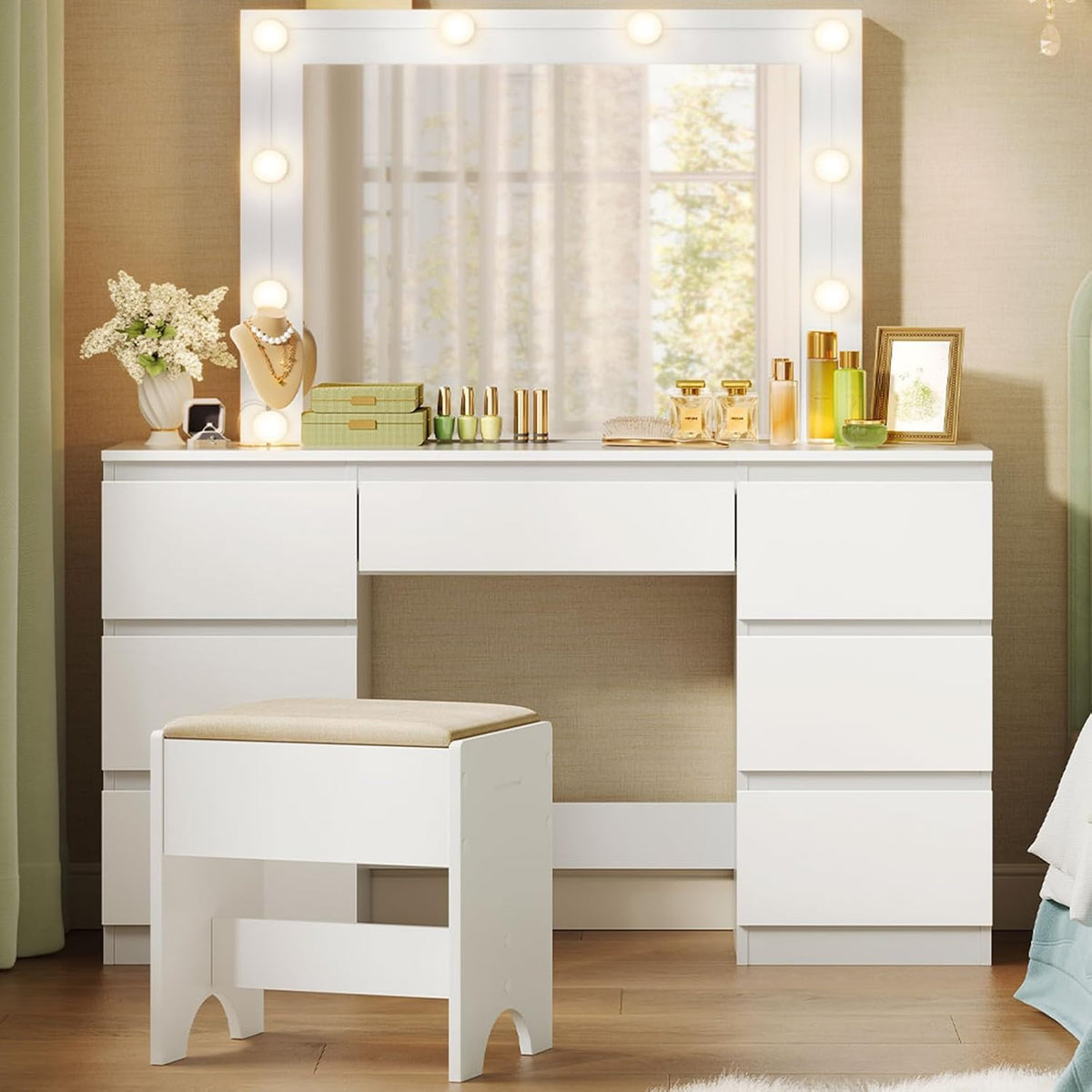 WOLTU Coiffeuse avec Miroir LED et Tabouret, Luminosité Réglable, avec 7 Tiroirs, 107x39,5x140,5cm, Blanc