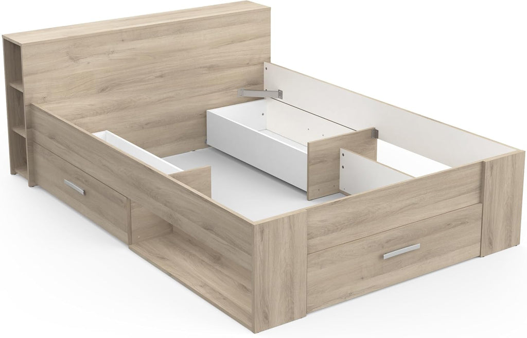 Lit avec Rangement 140x190 Style Contemporain 3 Tiroirs - Coloris Chêne - 150,1 x 217,1 x 74,3 cm