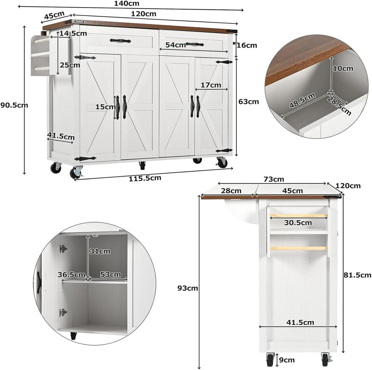 PUGSDRLY Desserte de Cuisine à Roulettes, Buffet Meuble avec 2 Tiroirs et 4 Portes, Armoire de Cuisine, Plateau de Table Pliable